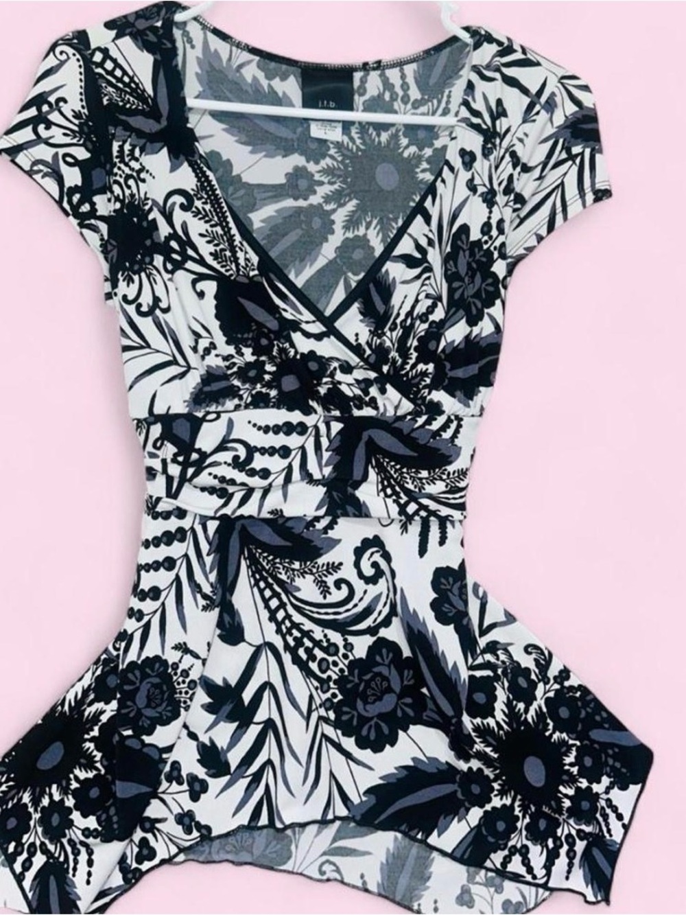 Women's Black & White Coquette Floral Wrap-Style Blouse